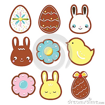 Easter cookies. Seasonal spring bakery. Decorated gingerbreads. Vector icons set Vector Illustration