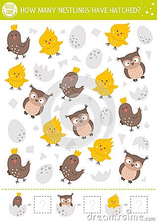 Easter counting game with cute little birds. Spring math activity for preschool children. Simple printable worksheet with funny Vector Illustration