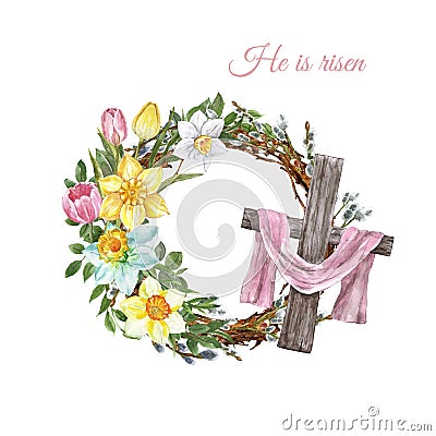 Beautiful springfloral cross wreath. Holiday Easter decor with hand drawn yellow flowers, green leaves, pussy willow branches Cartoon Illustration