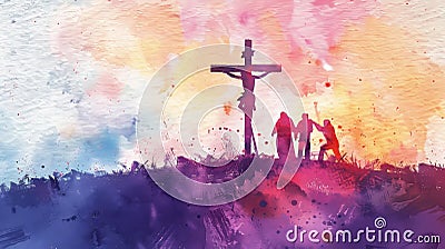 Easter crucifixion scene with silhouettes of the cross of Jesus Christ. Watercolor. Light colours. Generative AI Stock Photo