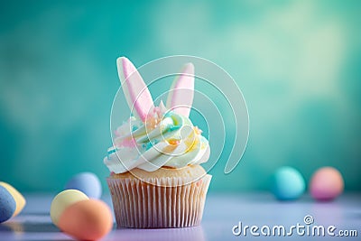 Easter cupcake with bunny ears and frosting. Cartoon Illustration