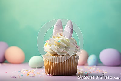 Easter cupcake with bunny ears and frosting. Cartoon Illustration