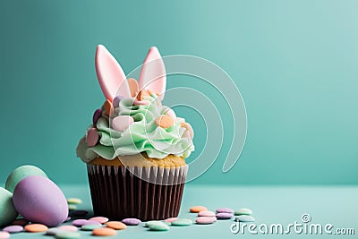 Easter cupcake with bunny ears and frosting. Cartoon Illustration