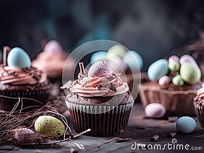 Easter cupcakes with chocolate frosting and eggs. Selective focus. Stock Photo