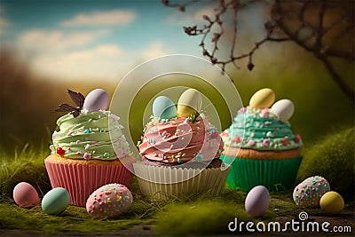 Easter cupcakes with colourful eggs with meadow on background. Generative ai Stock Photo