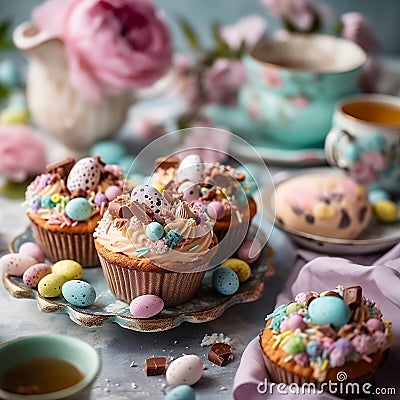 easter cupcakes with cream and chocolate Stock Photo