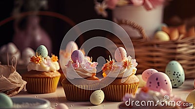 Easter cupcakes decorated with flowers and eggs on a wooden table Stock Photo