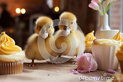 Easter cuteness fluffy ducklings on the table with Easter treats Stock Photo