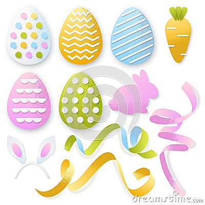 Easter 3d paper cut eggs, ribbons, rabbit set. Vector holiday craft handmade design elements on white background Vector Illustration