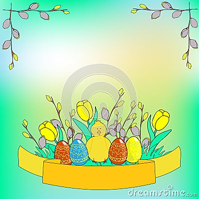 Easter Day celebration cartoon poster template. Vector Illustration
