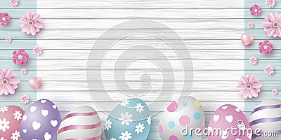 Easter day design of eggs and flowers on white wood texture background vector illustration Vector Illustration