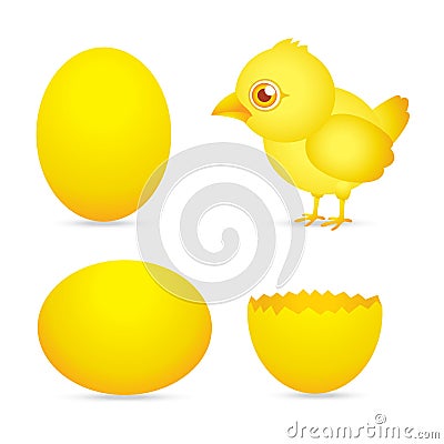 Easter day, golden chicken baby cartoon character with egg Vector Illustration