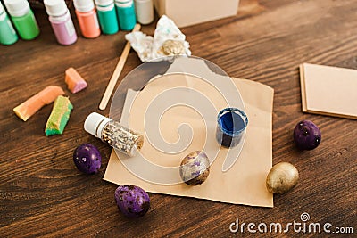 Easter decor masterclass painting eggs top view Stock Photo