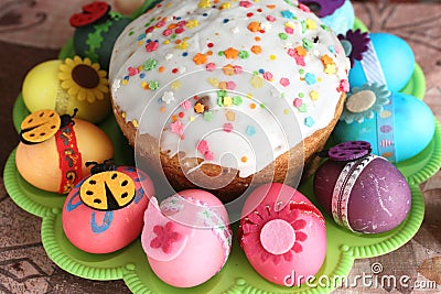 Easter decorated eggs and cake Stock Photo