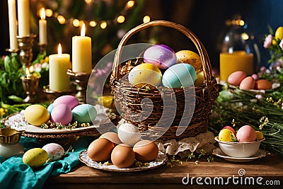 Easter decorated table. Colorful holiday eggs in twig basket and plates. Stock Photo