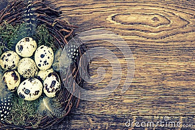 Easter decoration with birds eggs on wooden background Stock Photo