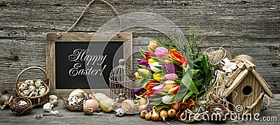 Easter decoration eggs tulip flowers vintage Stock Photo