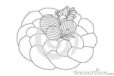Sweet braided homemade bread with three easter eggs and twig with leaves decorated isolated black outlines Vector Illustration