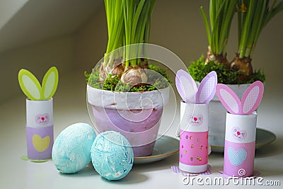 Easter decorations homemade bunnies eggs flowerpots Stock Photo