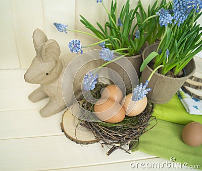 Easter decorative composition on a wooden background. Spring. Stock Photo