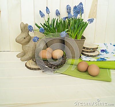 Easter decorative composition on a wooden background. Spring. Stock Photo