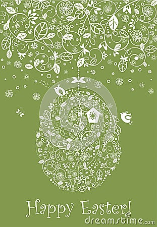 Easter decorative olive green greeting card with crochet lacy decoration, hanging floral egg, nestling box and funny little birds Vector Illustration