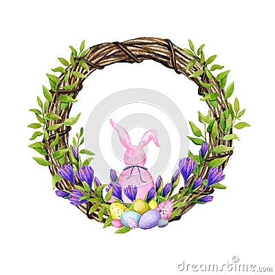 Easter decorative wreath decorated with crocus flowers, branches with young foliage, colorful eggs and a bunny. Stock Photo