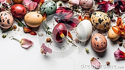 Easter Delight: Vivid Quail Eggs & Fresh Petals in Birds-Eye View Stock Photo