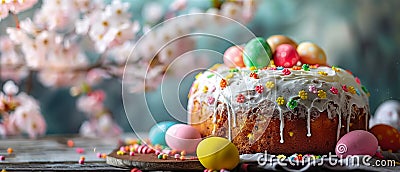 Easter Delights: A Festive Cake and Vibrant Colored Eggs Stock Photo