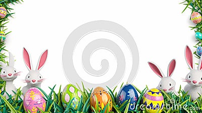 Easter Design: Artistic Frame with Colorful Eggs, Cute Bunnies and Grass Filigree on White Background. Festive Clipart with Plenty Stock Photo