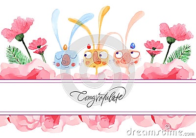 Easter design with cute banny and text, hand drawn illustration Cartoon Illustration