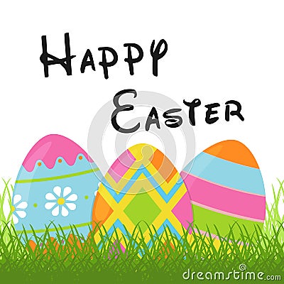 Easter design element for greeting card with colorful Easter eggs on green grass. Template for Easter banner design Vector Illustration