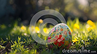 Easter designer egg on grass with blur background Stock Photo