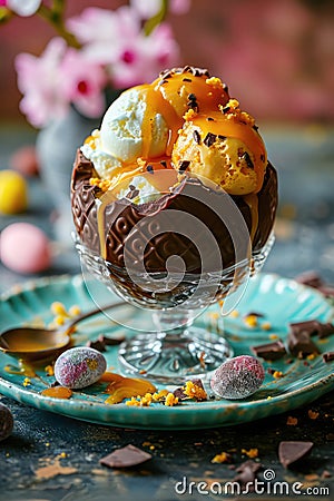 Easter dessert with Chocolate Easter Egg filled with Ice Cream and Caramel Sauce Stock Photo