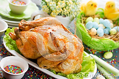 Easter dinner food idea roasted Easter chicken Stock Photo