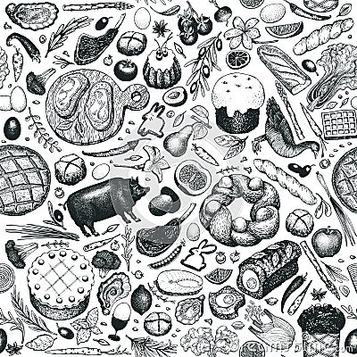 Easter dinner seamless pattern. Vector hand drawn illustrations. Happy Easter dinner retro design. Background with food, meat, Cartoon Illustration