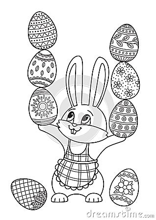 Easter doodle coloring book page. Cute bunny with easter eggs Cartoon Illustration