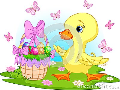 Easter duckling with a basket of eggs Vector Illustration