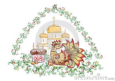 The Easter - Easter eggs and chicken, churches and cathedrals, Russian style Khokhloma Stock Photo