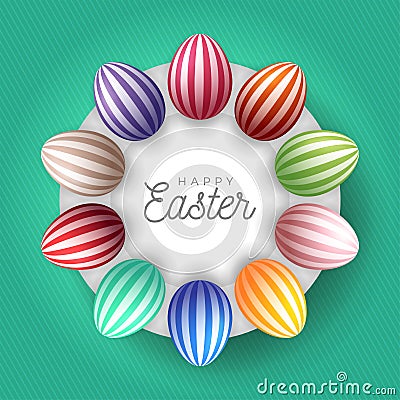 Easter egg banner. Easter card with eggs laid out in a circle on a white plate, colorful ornate eggs on fresh green modern Vector Illustration