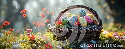 easter egg basket colorful with eggs and grass, sunrays shine upon it, Stock Photo