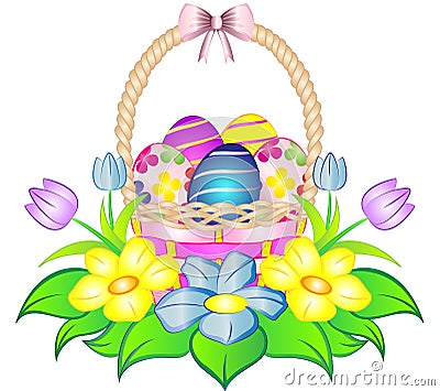 Easter Egg Basket with Flowers Vector Illustration
