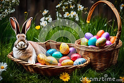 Easter egg in basket generated by AI tool Stock Photo