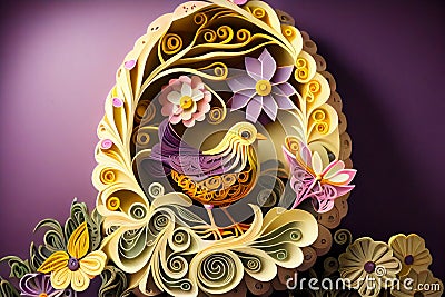 Easter egg with bird paper quilling filigree design. Ai generative Stock Photo