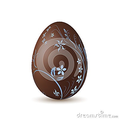 Easter egg 3d icon. Chocolate brown egg, isolated white background. Flower, branch, leaf. Sweet candy dessert Vector Illustration