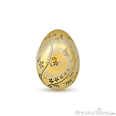 Easter egg 3D icon. Gold shine egg, isolated white background. Floral hand drawn design, flower branch decoration Vector Illustration