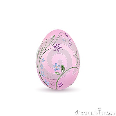 Easter egg 3D icon. Pastel egg, isolated white background. Floral hand drawn design, flower branch leaf decoration Vector Illustration