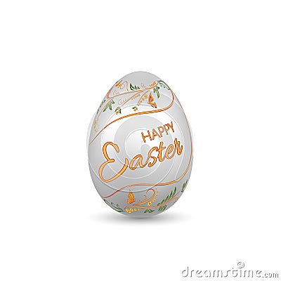 Easter egg 3D icon. Silver egg, Happy Easter text, isolated white background. Floral design. Hand drawn flower Vector Illustration