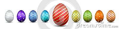 Easter egg 3D icons. Color eggs set isolated white background. Geometric design texture. Decoration Happy Easter Vector Illustration