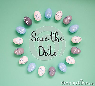 Easter Egg Decoration, Flat Lay, English Text Save The Date Stock Photo